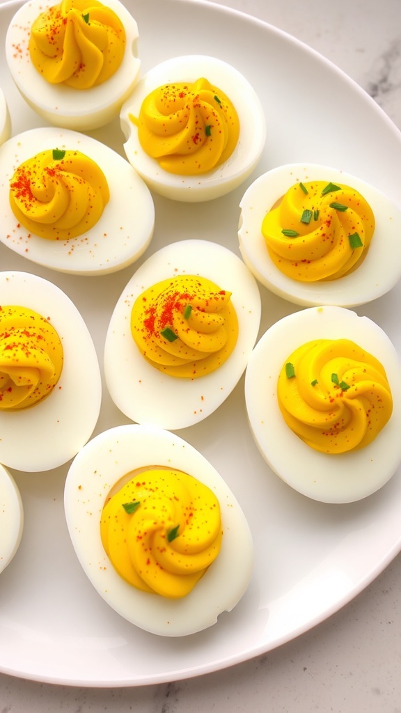A platter of deviled eggs garnished with paprika and herbs.